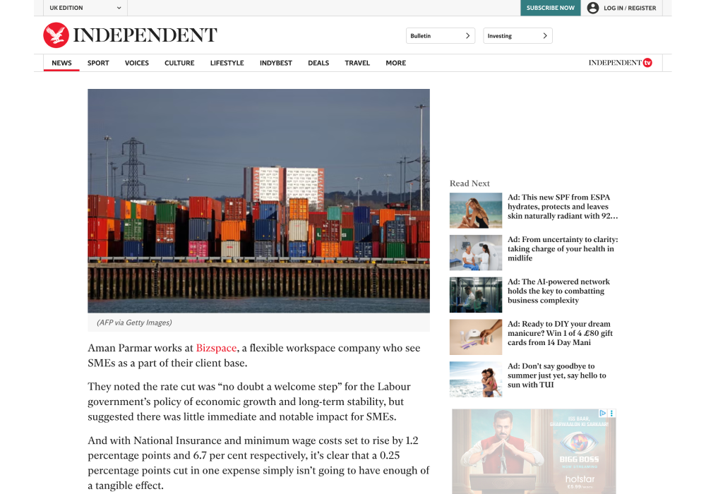 Coverage in The Independent for BizSpace